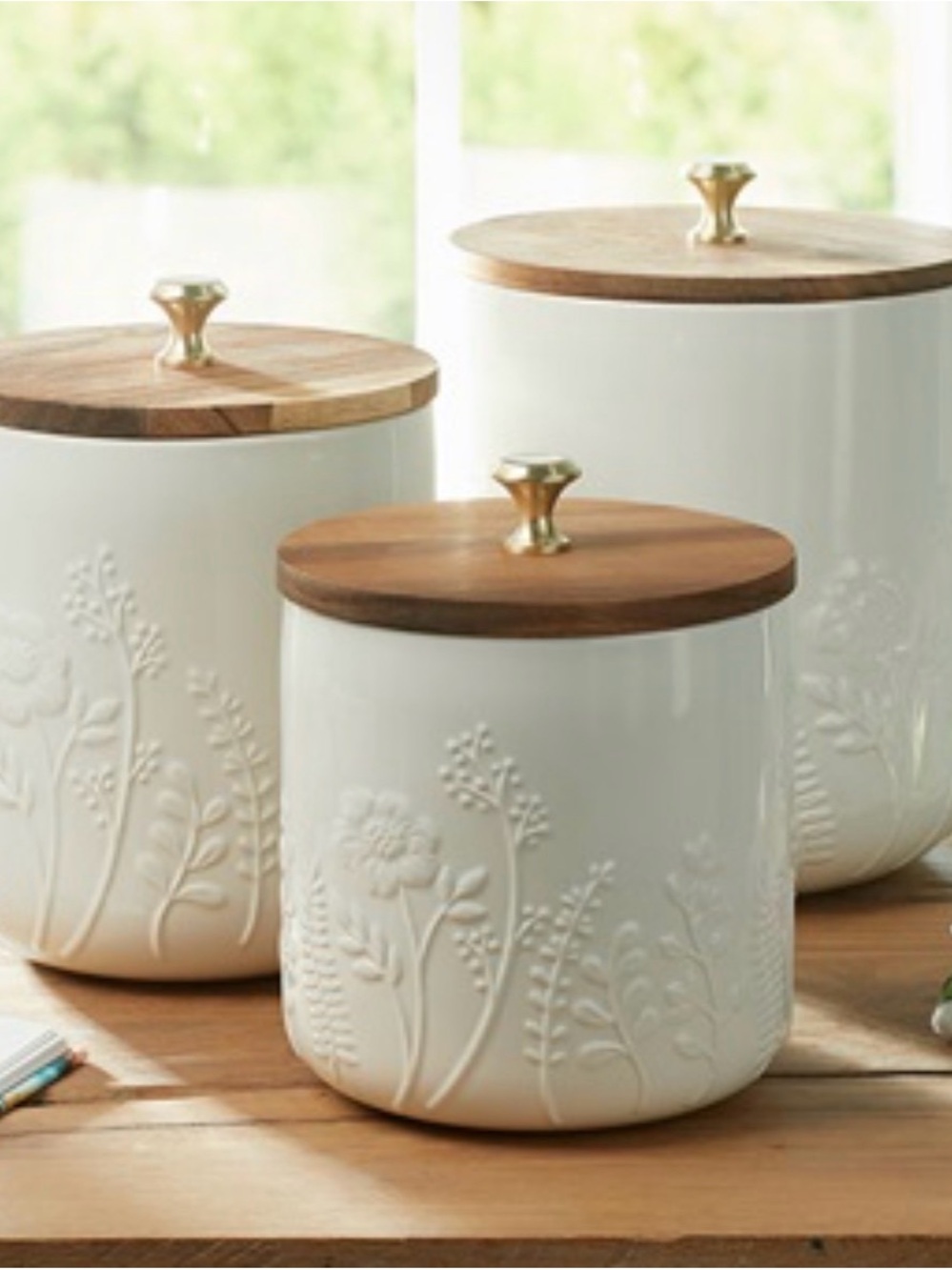 Princess House White Ceramic Canister Trio with Wood Lids and Gold Knobs